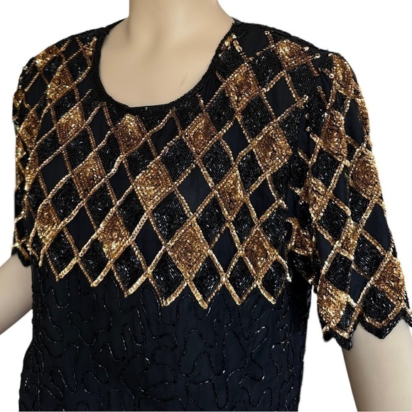 Vintage Diamond Gold and Black Sequin Silk Top - Picture 4 of 8